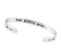 LucBuy Inspirational Gifts Bracelets, Stainless Steel Cuff Bangle Engraved Motivational Mantra Keep Going, Adjustable High Polished Band, Friendship Birthday Jewelry (Silver)