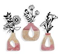 Luccyle 3 Pcs Metal Vase Flowers Wall Arts,Minimalist Wooden Vases and Black Metal Flower Wall Decor for Living Room,Bedroom,Bathroom(16x7.3 inches)