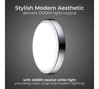 Luceco Eco Indoor LED Bulkhead Light, Decorative Interior Lighting, Round, White/Polished Chrome, IP54, 17W, 1650lm, 4000K, EBH28S40