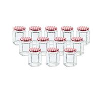Lucenté 12PC Glass Jam Jars Preserve Pots Pickle Jars with Airtight RED Gingham Screw Top Lids - 280ml