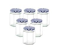 Lucenté 6PC Glass Jam Jars Preserve Pots Pickle Jars with Airtight BLUE Gingham Screw Top Lids - 280ml