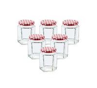 Lucenté 6PC Glass Jam Jars Preserve Pots Pickle Jars with Airtight RED Gingham Screw Top Lids - 280ml