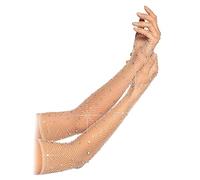 luchike 1 Pair Glitter Rhinestone Fishnet Long Gloves for Halloween Sparkly Mesh Arm Sleeve Fashion Opera Gloves Costume Accessories Flesh Color