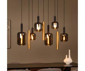 Lucide Joanet hanging light, length 130 cm, smoke/brass, glass, 9-bulb.