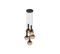Lucide Marius 5 Light Cascade Pendant In Black Finish With Smoked Glass