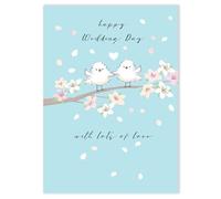 Lucilla Lavender Happy Wedding Day Card - Cute Birds & Cherry Blossom - Embossed Finish - Premium Congratulations Greeting Card with Envelope