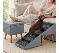 Luciphia 2-in-1 Wooden Pet Stairs & Ottoman 17" H Foldable Dog Ramp with Solid Wood Frame & Tech Cloth Surface Pet Footstool Steps with Non-Slip Surface for Puppy Senior Injured Dogs Couch Bed