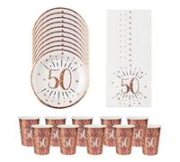 Luck and Luck 50th Birthday Party Pack For 10 People, Rose Gold 50th Birthday Tableware, 50th Party Plates, 50th Paper Napkins, 50th Paper Party Cups