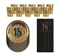 Luck and Luck Black Gold 18th Birthday Party Pack For 10 People, 18th Birthday Decorations, 18th Party Plates, 18th Paper Napkins, 18th Party Cups