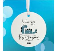Luck and Luck Personalised Baby's First Christmas Dinosaur Bauble, Porcelain Hanging Tree Decoration, New Baby Keepsake Gift, Bauble with Name