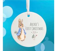 Luck and Luck Personalised Peter Rabbit 1st Christmas Bauble, Baby's First Christmas Keepsake, Porcelain Hanging Tree Decoration, Peter Rabbit Gift