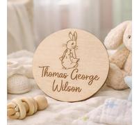 Luck and Luck Personalised Peter Rabbit Name Announcement Disc Wooden New Baby Nursery Keepsake (9.9 cm, FSC MDF)