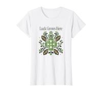 Luck Grows Here Boho Floral Four Leaf Clover Value Graphic T-Shirt, Women, White, XS