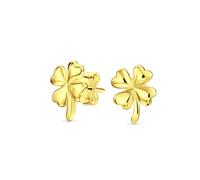 Luck of the Irish Celtic St. Patricks Day Shamrock Lucky Charm Four Leaf Clover Stud Earrings For Women Teens Graduation Gold Plated .925 Sterling Silver