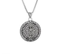 Luck Trader Ancient Aztec Calendar Pendant Necklace, Large Silver-tone Medallion, Traditional Mayan Design