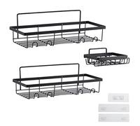 LUCKDANO Adhesive Shower Caddy Organizer Set - 3 Pcs No Drilling Storage Baskets with Hooks for Bathroom and Kitchen - Easy Installation, Strong Adhesion, Black