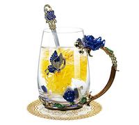 LUCKDANO Enamel Colored Water Cup Set - Red Rose Design with Spoon, Cloth, and Coaster, 350ml Heat-Resistant Crystal Glass Tea & Coffee Cup Gift Set (Type 5 L)