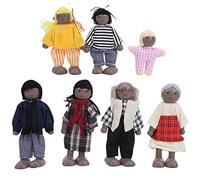 LUCKDANO Family Dolls Set Wooden Dollhouse Family Figures 7-Piece Flexible Limbs Soft Body for with Cat and Dog Role-Playing Toys for Kids Ages 1-7 (7 black puppets)