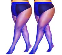 LUCKELF T Crotch Silky Sheer Pantyhose for Women Plus Size 2 Pairs Ultra-Smooth Durability Tights, Blue×2-wear Resistant Version, 3X-Large-7X-Large Plus Extra Tall