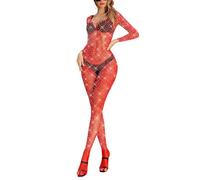 LUCKELF Womens Classic Fishnet Bodystocking Lingerie Party Sparkle Rhinestone Stockings One Piece, Red, One Size