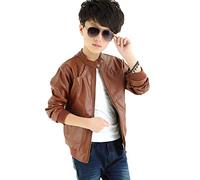 LUCKFACE Boy's Trendy Stand Collar PU Leather Moto Jacket Leather Coat Brown