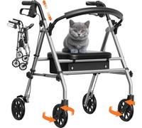 Luckfaith Folding Rollator Walker with Seat for Seniors, 4 Wheel Mobility Walker Supports 348 lbs, Adjustable Walking Aid with Dual Brakes, Padded Seat, Backrest for Daily Travel, Sliver