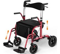 Luckfaith Rollator Walker with Seat, 2-in-1 4 Wheel Rollator & Transport Chair, 136kg Support, 8" Front & 10" Rear TPU Wheels, Dual Brake System, Folding Design, Adjustable Height, Storage Bag - Red