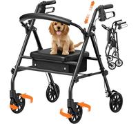 Luckfaith Rollator Walker with Seat for Seniors, 158 kg Folding 4-Wheel Mobility Walker with Brakes, Padded Seat, Backrest, 3-Second Fold & 7L Storage Bag, Black