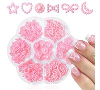 LuckForever 3D Nail Charms Cute Star Moon Bow Heart Charm Nail Decorations Kit Pink Bow-Know Stars Heart Pearl Studs Acrylic Nail Design Jewelry Resin Craft Art Accessories Nail Tech Supplies