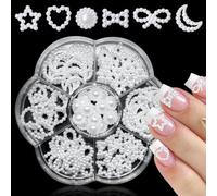 LuckForever 3D Nail Charms Cute Star Moon Bow Heart Charm Nail Decorations Kit White Bow-Know Star Heart Pearl Beads Studs Acrylic Nail Design Jewelry Resin Craft Art Accessories Nail Tech Supplies