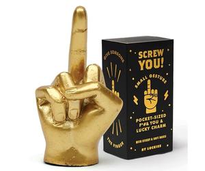 Luckies Golden Middle Finger Lucky Charm | Pocket-Sized Gold Good Luck Token in Elegant Black & Gold Box | Solid Mini Statue | Unique Ring Holder | Novelty Gift Room Decor or Desk Accessory
