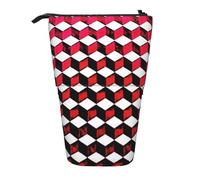Luckily&Day 3D Red Checkered Print Vertical Retractable Pouch Novelty Standing Bag Pop Up Bag Unique Telescopic Pouch for Office Makeup, Black, One Size, Telescopic