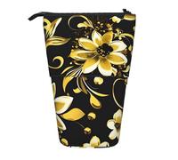 Luckily&Day black and gold flowers Print Vertical Retractable Pouch Novelty Standing Bag Pop Up Bag Unique Telescopic Pouch for Office Makeup, Black, One Size, Telescopic