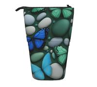 Luckily&Day Blue green butterfly and stone Print Vertical Retractable Pouch Novelty Standing Bag Pop Up Bag Unique Telescopic Pouch for Office Makeup, Black, One Size, Telescopic