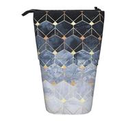 Luckily&Day Blue Hexagons and Diamonds Print Vertical Retractable Pouch Novelty Standing Bag Pop Up Bag Unique Telescopic Pouch for Office Makeup, Black, One Size, Telescopic