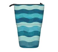 Luckily&Day Blue Wave Stripe Print Vertical Retractable Pouch Novelty Standing Bag Pop Up Bag Unique Telescopic Pouch for Office Makeup, Black, One Size, Telescopic