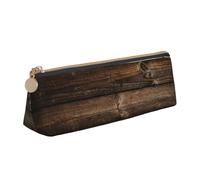 Luckily&Day Brown Wooden Print Personalized Triangular Pouch Stylish Leather Cosmetic Organizer Compact zipper pouch, White, One Size, Stylish