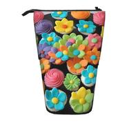 Luckily&Day Colorful Cupcakes Rainbow Flower Cake Print Vertical Retractable Pouch Novelty Standing Bag Pop Up Bag Unique Telescopic Pouch for Office Makeup, Black, One Size, Telescopic