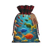 Luckily&Day Colorful Fishes print Christmas Drawstring Gift Bag for Party Birthday Funny Reusable Canvas Bag,1 Piec, Black, Medium