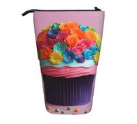 Luckily&Day Colorful Rainbow Flower Cake Print Vertical Retractable Pouch Novelty Standing Bag Pop Up Bag Unique Telescopic Pouch for Office Makeup, Black, One Size, Telescopic