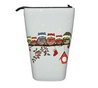 Luckily&Day Cute Christmas Owls on Branch Print Vertical Retractable Pouch Novelty Standing Bag Pop Up Bag Unique Telescopic Pouch for Office Makeup, Black, One Size, Telescopic