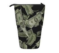 Luckily&Day Dollar Sign Money Print Vertical Retractable Pouch Novelty Standing Bag Pop Up Bag Unique Telescopic Pouch for Office Makeup, Black, One Size, Telescopic