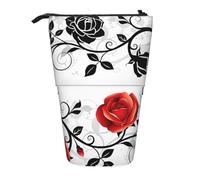 Luckily&Day Floral Rose with Leaves Spring Print Vertical Retractable Pouch Novelty Standing Bag Pop Up Bag Unique Telescopic Pouch for Office Makeup, Black, One Size, Telescopic