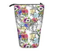 Luckily&Day Flowers Birds Leaves Branches Print Vertical Retractable Pouch Novelty Standing Bag Pop Up Bag Unique Telescopic Pouch for Office Makeup, Black, One Size, Telescopic