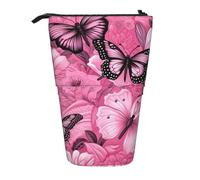 Luckily&Day Red Butterfly Seamless Print Vertical Retractable Pouch Novelty Standing Bag Pop Up Bag Unique Telescopic Pouch for Office Makeup, Black, One Size, Telescopic