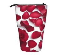 Luckily&Day Red Rose Petals Print Vertical Retractable Pouch Novelty Standing Bag Pop Up Bag Unique Telescopic Pouch for Office Makeup, Black, One Size, Telescopic