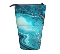 Luckily&Day Stone Blue Gold Marble Print Vertical Retractable Pouch Novelty Standing Bag Pop Up Bag Unique Telescopic Pouch for Office Makeup, Black, One Size, Telescopic