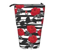 Luckily&Day Stripes Red Rose Flowers Print Vertical Retractable Pouch Novelty Standing Bag Pop Up Bag Unique Telescopic Pouch for Office Makeup, Black, One Size, Telescopic