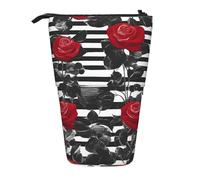 Luckily&Day Stripes Red Rose Flowers Print Vertical Retractable Pouch Novelty Standing Bag Pop Up Bag Unique Telescopic Pouch for Office Makeup, Black, One Size, Telescopic