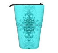 Luckily&Day Teal Blue Print Vertical Retractable Pouch Novelty Standing Bag Pop Up Bag Unique Telescopic Pouch for Office Makeup, Black, One Size, Telescopic